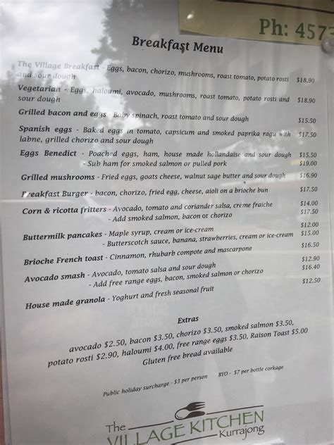 Menu at The Village Kitchen Kurrajong cafe, Kurrajong