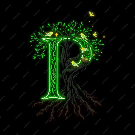 Druidic Pixel Art Letter P Glowing Tree Roots Spreading Out Pixelated Birds Nesting Fireflies ...