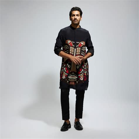 BLACK MASK PRINT ROLLED UP SLEEVES KURTA | The Mahal