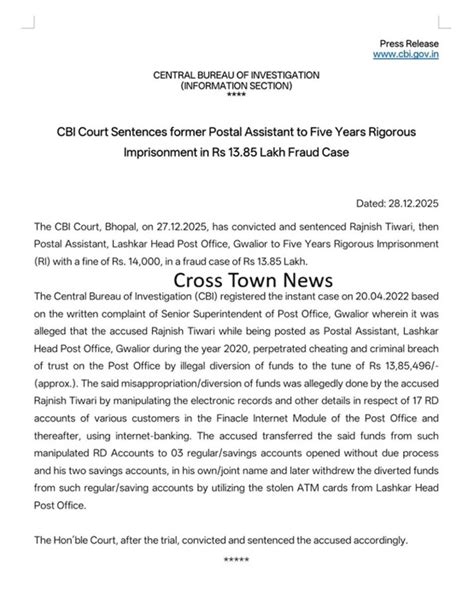 CBI Court sentences former Postal Assistant to 05 Years Rigorous ...