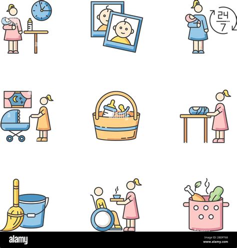 Babysitter service RGB color icons set. Part time childcare job. Around ...