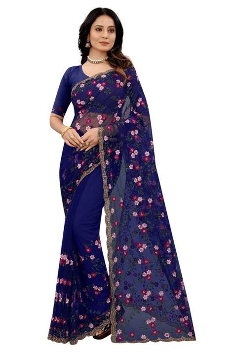 Buy Navy Blue Indian Kashmiri Resham embroidered Work Net Wedding Saree ...