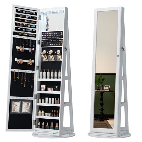 LVSOMT 360° Swivel Jewelry Cabinet with Full-Length Mirror, Lockable ...