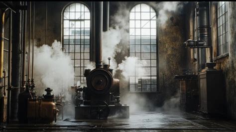 Old industrial steam engine with heavy smoke in vintage factory ...