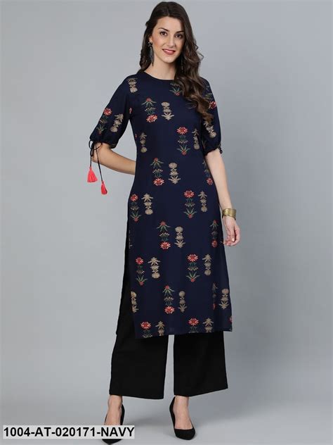 Navy Blue Ethnic Motifs Printed Floral Kurta – Trendphoria