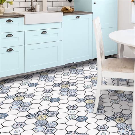 Blue and White Vintage Hexagon Peel and Stick Vinyl Floor Tile Sticker ...