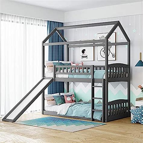 Twin Over Twin Wood Bunk Bed with Roof, Guardrail, India | Ubuy