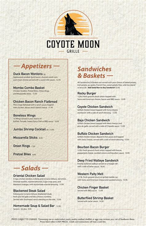Menu at Coyote Moon Grille restaurant, St. Cloud