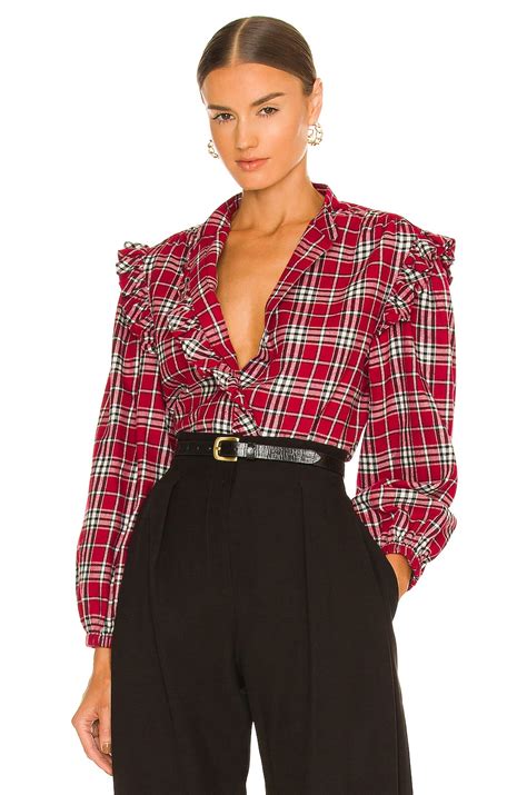 Something Navy Flannel Plaid Ruffle Shirt in Red Combo | REVOLVE