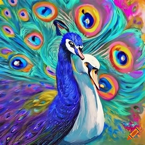 Vibrant painting of peacock and swan on Craiyon