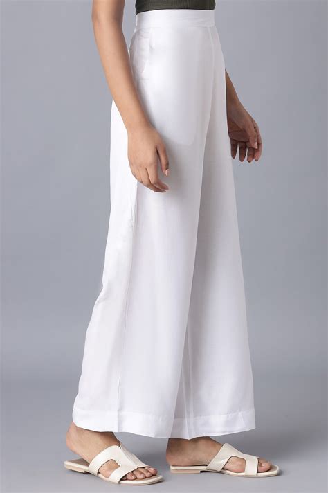 Buy Elleven Women's White Solid Wide Leg Tencel Trousers With ...