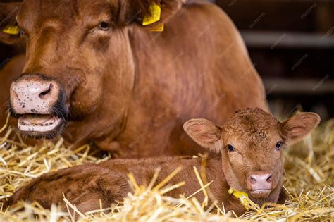 Premium Photo | Cow and newborn calf lying in straw at cattle farm ...