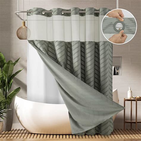 Amazon.com: PANGSINNE No Hooks Shower Curtain with Snap in Liner, Grey ...