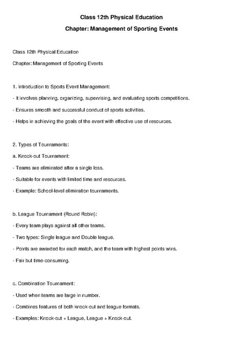 Class 12th PE: Detailed Notes on Management of Sporting Events - Studocu