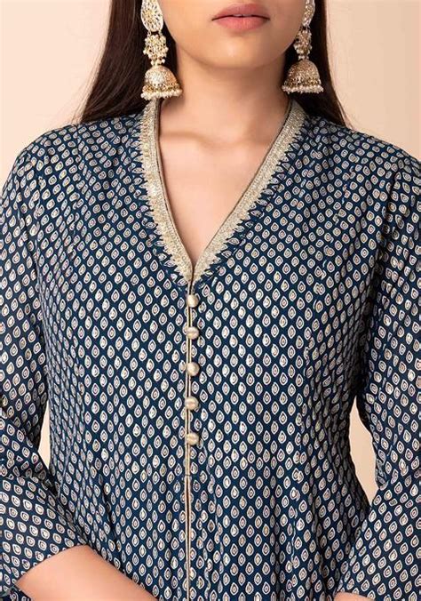 Indya Teal Blue Ajrakh Foil Print Front Slit Kurta 2XL Blue (only Kurt ...