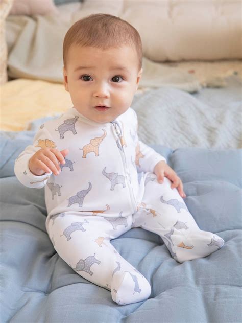 White Elephant Print Zip Cotton Baby Sleepsuit | JoJo Maman Bébé