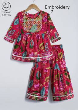 Shop Online 2-Pc Floral Embroidered Cotton Sharara Set at ₹1149