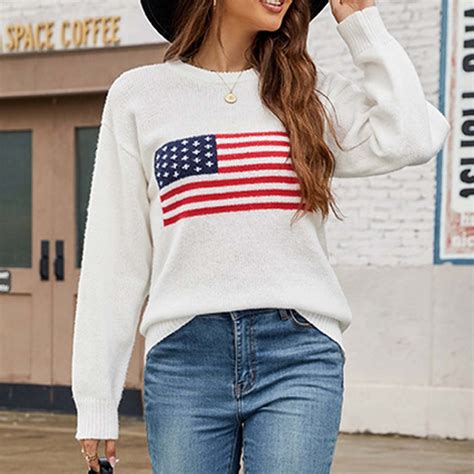 Aloohaidyvio Women's American Flag Sweaters Long Sleeve Crew Neck ...