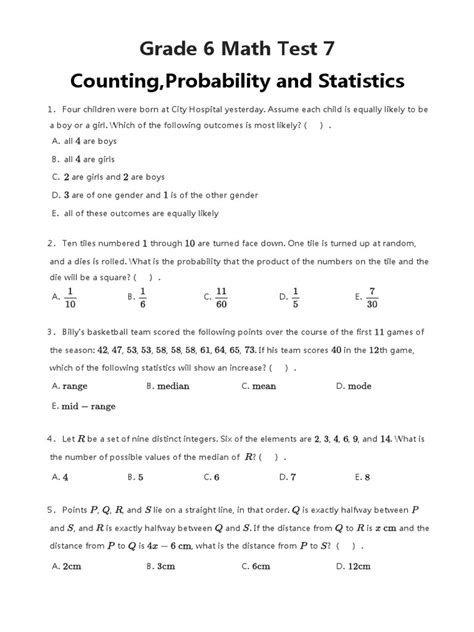 Image result for Grade 6 Math Test Printable