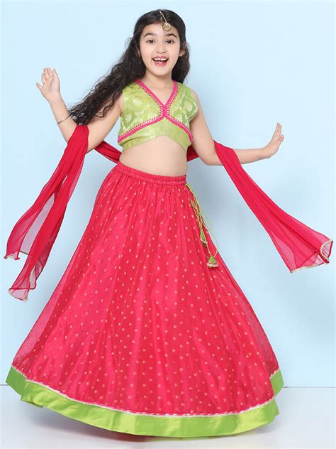 Bitiya by Bhama Girls Green & Pink Woven Design Choli, Ready to Wear L