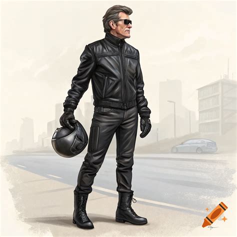A man resembling Pierce Brosnan stands on a street holding a motorcycle ...