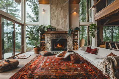 A cozy living room with a fireplace plush rugs and large windows ...
