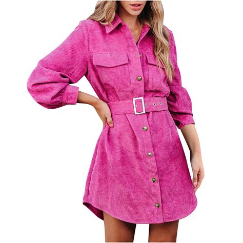 HAiming Women Corduroy Dress Button down Long Sleeve Lapel Belted Mini ...