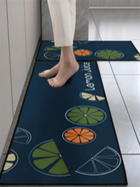 Buy Cortina Navy Blue & Green 2 Pieces Graphic Printed Rectangular Anti ...