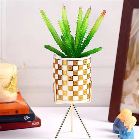 Modern Succulents Artificial Plant with Ceramic Pot & Metal Tripod Sta ...