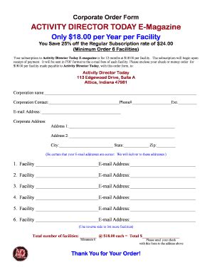 Fillable Online Corporate Order Form ACTIVITY DIRECTOR TODAY EMagazine ...