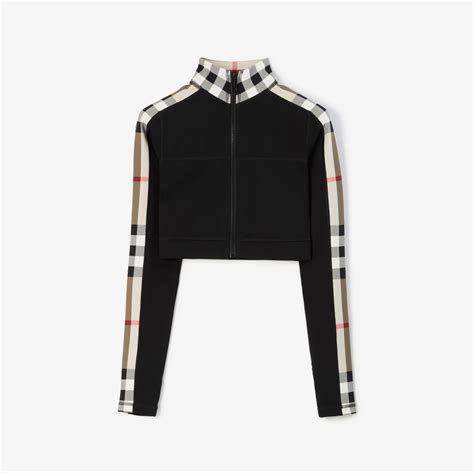 Cropped Check Trim Stretch Jersey Zip Top in Black - Women, Nylon | Burberry® Official