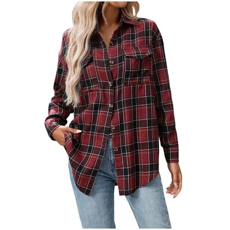 Arnsht Womens Plaid Flannel Shirts Casual Long Sleeve Coat Tops Lapel ...