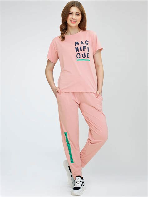 ZEYO Women's Cotton Peach Typography Printed Night Suit Set of Top & J