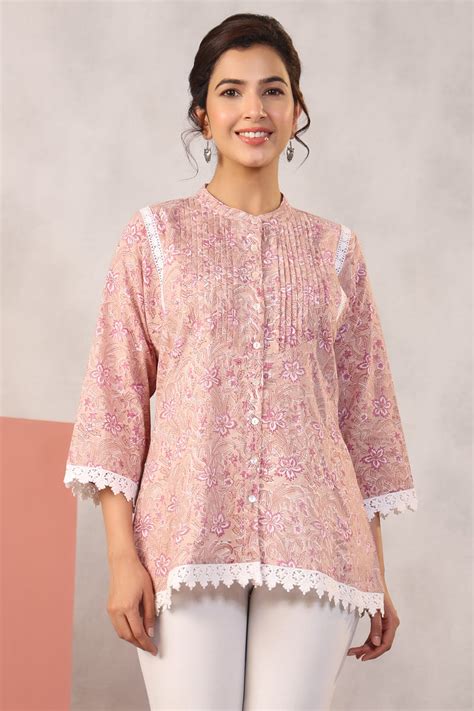 Buy Razia Shikha Jhaal Beige Hand Block Print Short Top Online ...