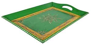 Lal Haveli Antique Hand Painted Designer Wooden Tray Green Color 20 x ...