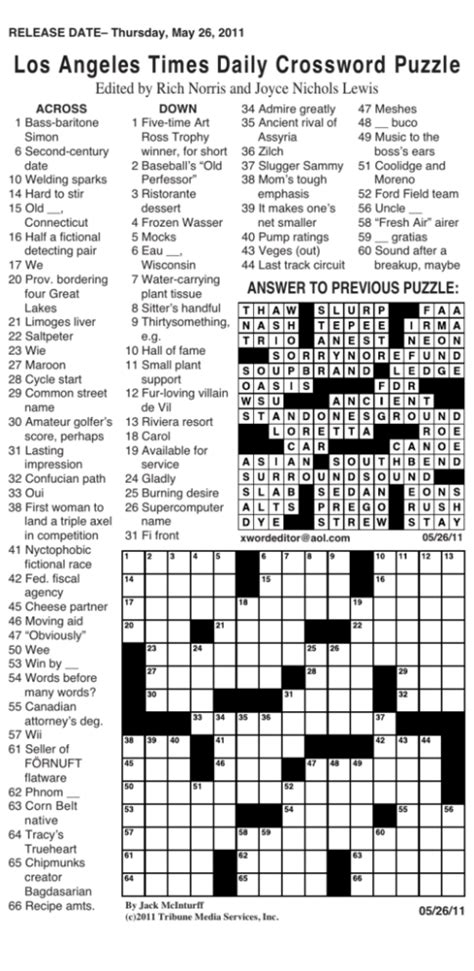 Los Angeles Times Crossword Puzzle - Free Printable Crosswords