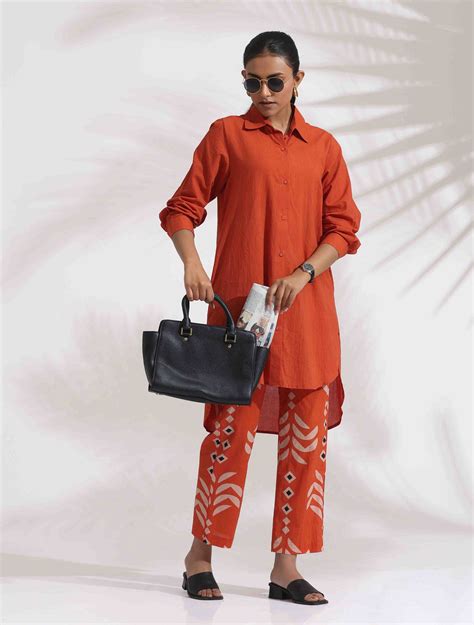 trueBrowns Orange Cotton Solid Shirt Kurta Co-ord Set