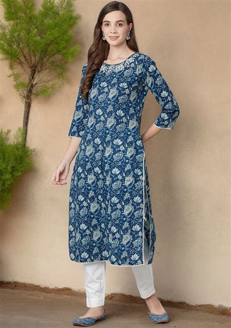 Blue Floral Straight kurta | Buy Women Clothing