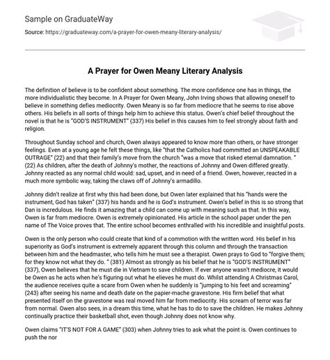 ⇉A Prayer for Owen Meany Literary Analysis Essay Example | GraduateWay