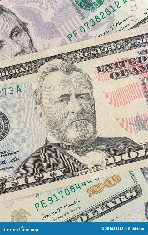 Close Up of New Fifty Dollar Bill. Macro Close Up of Ulysses S. Grant ...