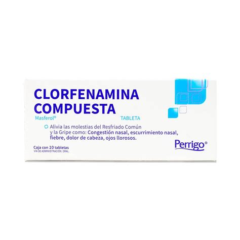 Medicamento Perrigo Clorfenamina Compuesta, Masferol, 10 Tabletas 500 ...