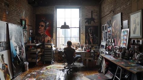 An artist sits in their studio surrounded by their work the studio is a ...