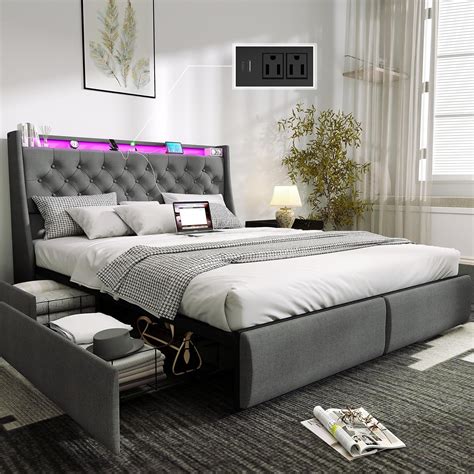 Full Size Bed Frame with 4 Storage Drawers and Upholstered Headboard ...