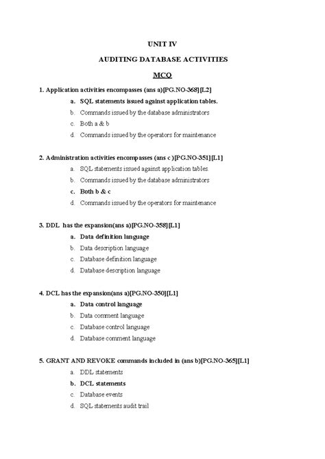 UNIT IV,V question bank - UNIT IV AUDITING DATABASE ACTIVITIES MCQ ...