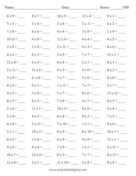 10 Printable Math Drills Multiplication, Timetable 0 to 12, Practice ...