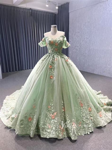 Light Green Lace Applique Sweet 16 Ball Gowns Off the Shoulder Wedding ...
