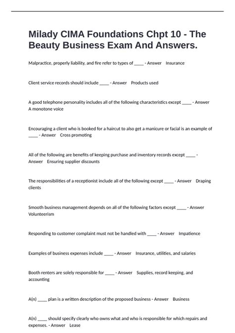 Milady CIMA Foundations Chpt 10 - The Beauty Business Exam And Answers ...