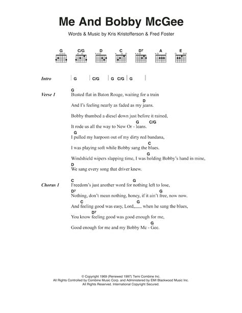 Me And Bobby McGee by Janis Joplin Sheet Music for Guitar Chords/Lyrics ...