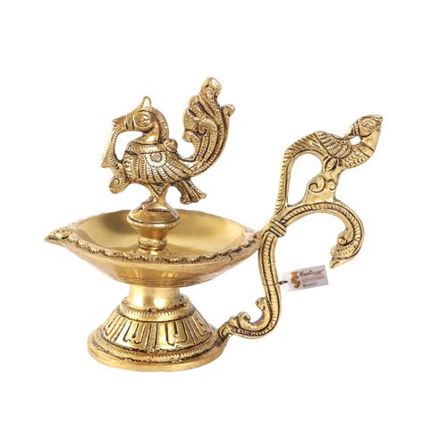 Twin Peacock Design Ethnic Curved Peacock Handle 5 Inches Brass Diya ...