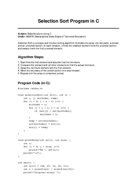 Selection Sort Program in C - Data Structures MSBTE - Studocu